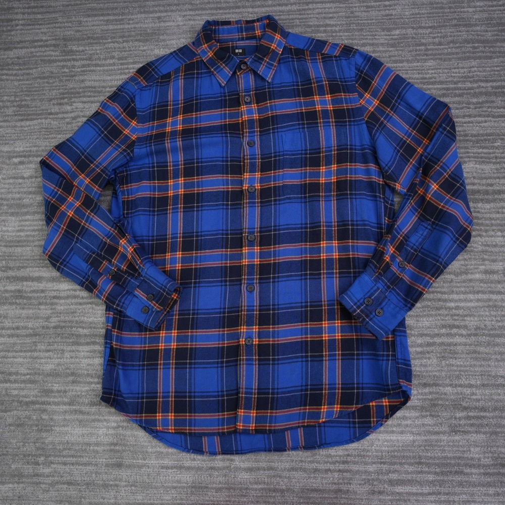 Uniqlo Mens‎ Blue Plaid Flannel Button Down Shirt Long Sleeve Pocket Large